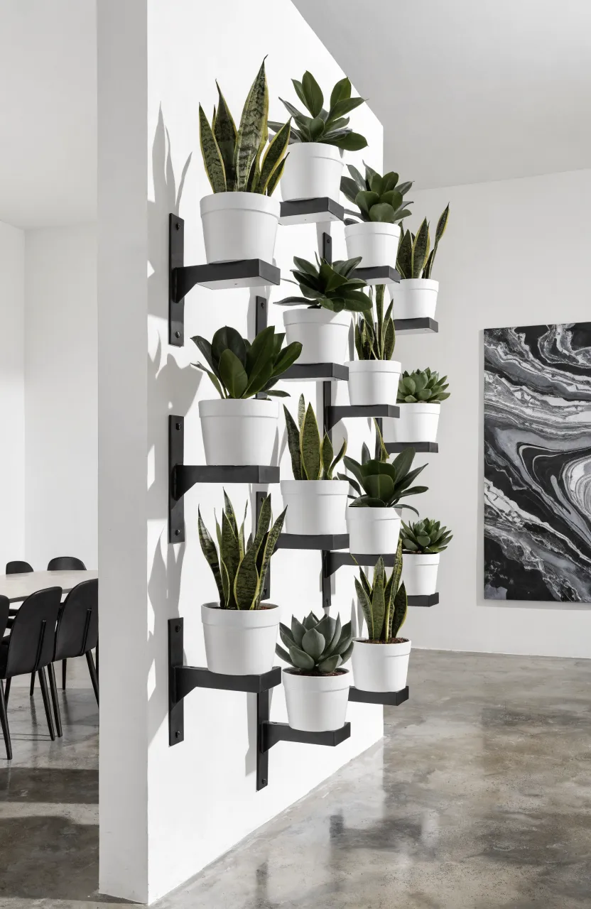 Staggered black metal wall brackets holding white potted plants on a minimalist white wall.