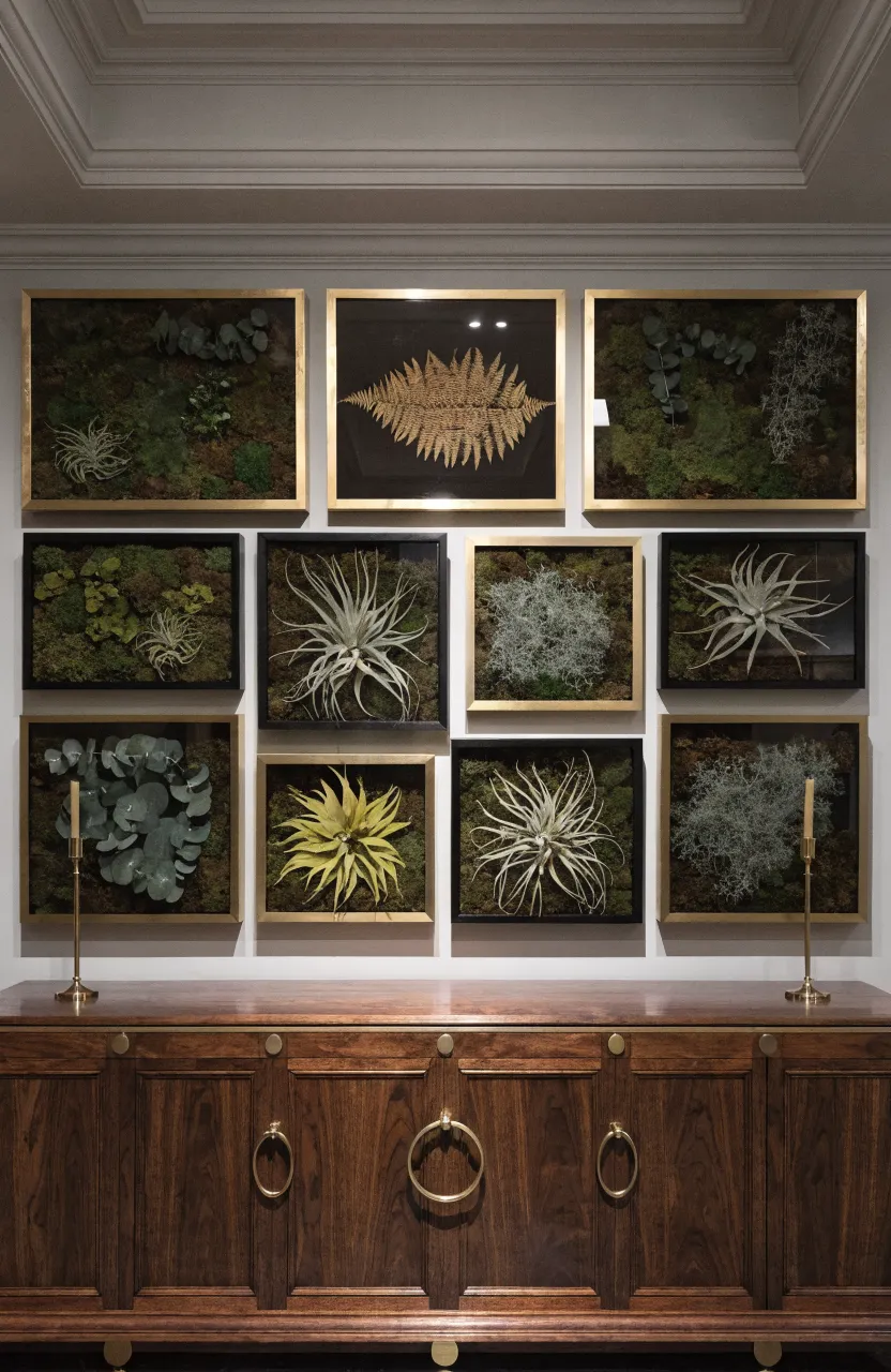 A collection of black shadow box frames containing preserved ferns and moss on a grey wall.