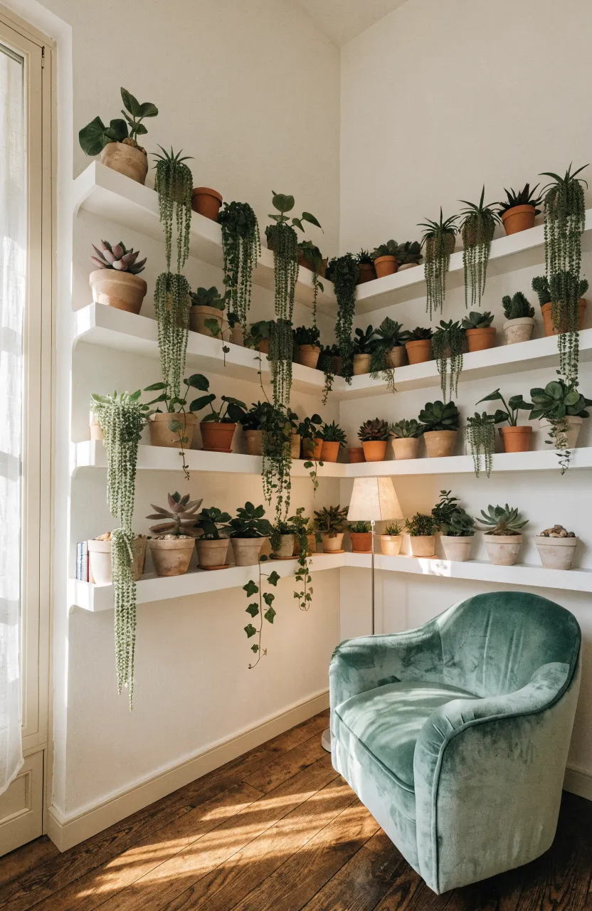 White zig-zag shelves in a room corner filled with various small potted succulents and trailing plants.