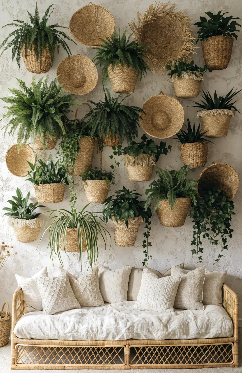 Woven baskets mounted on a wall with ferns and spider plants growing out of them.