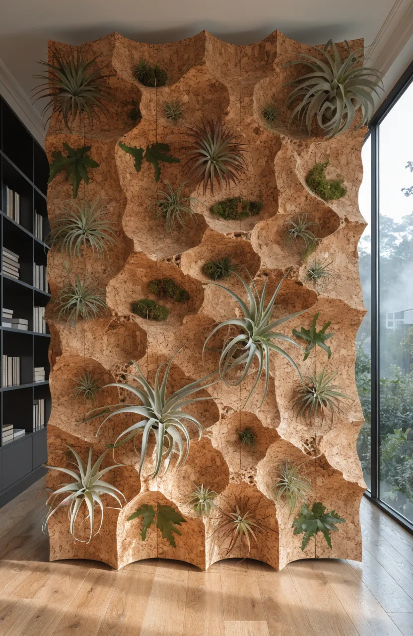 Large textured cork panels on a wall with air plants and ferns attached to the surface.
