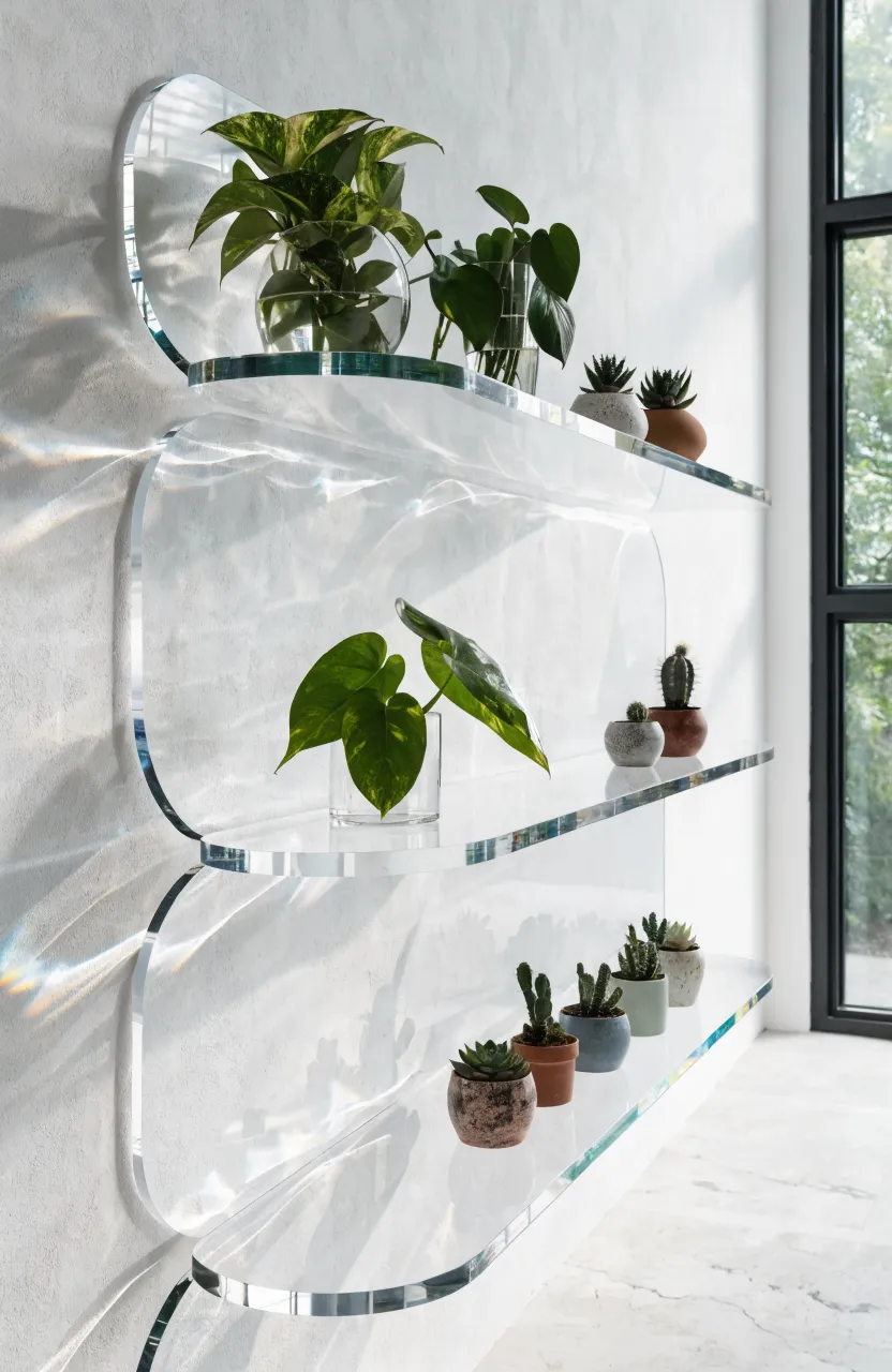 Invisible acrylic shelves holding various green plants against a white wall in a bright room.
