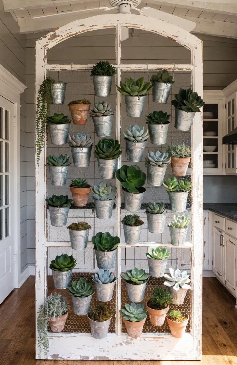 A distressed white window frame with chicken wire holding small succulent pots on a shiplap wall.