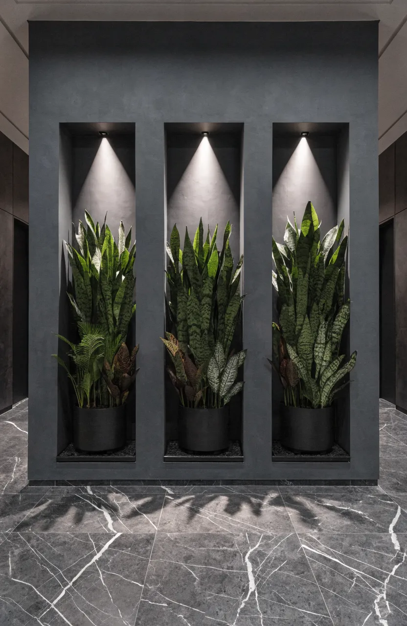 Modern charcoal wall with recessed square niches containing lit plants and integrated LED lights.