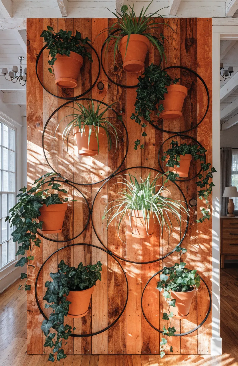 Vertical cedar wood planks on a wall holding terracotta pots in black metal rings.