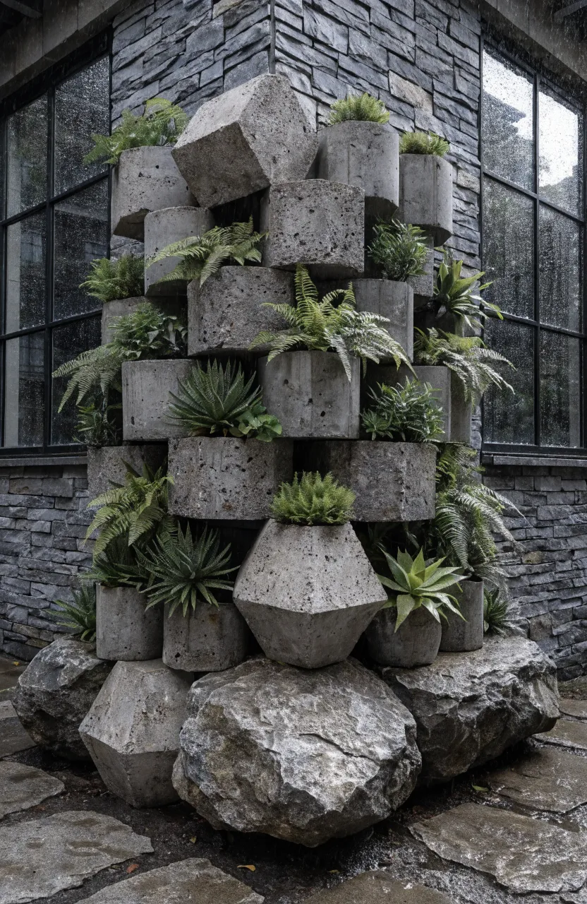 Grey concrete planters clustered on a textured stone wall with lush green ferns.