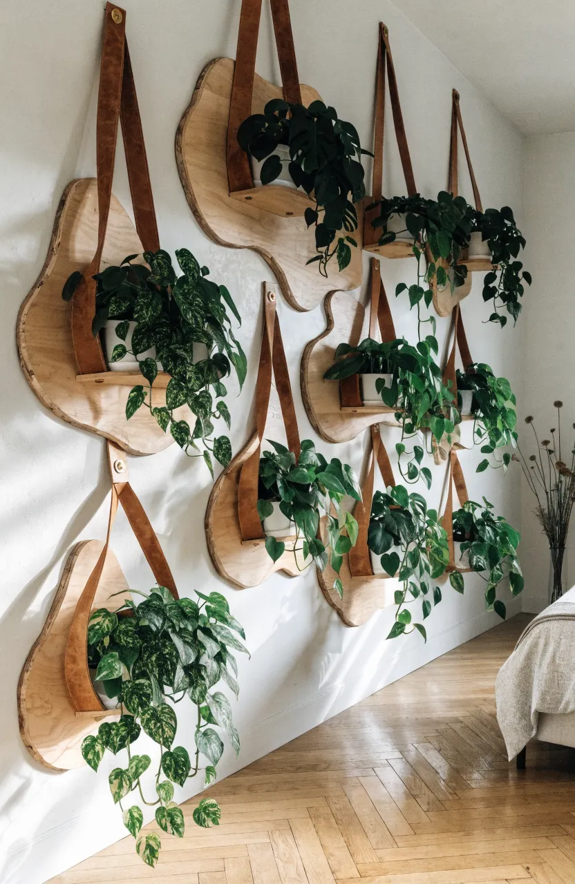 Light wood shelves held by tan leather straps on a white wall with indoor plants.