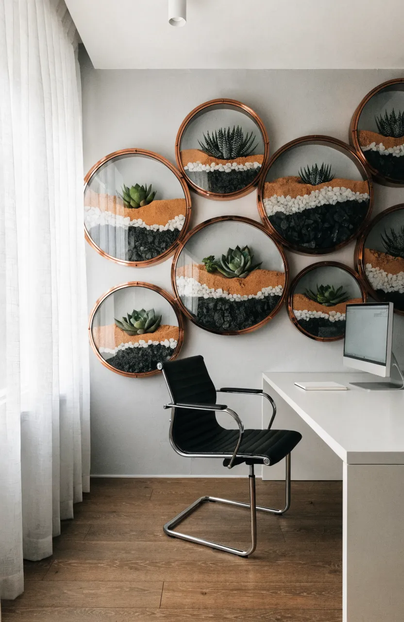 Modern home office with circular glass terrariums mounted on a gray wall containing succulents and colored sand.