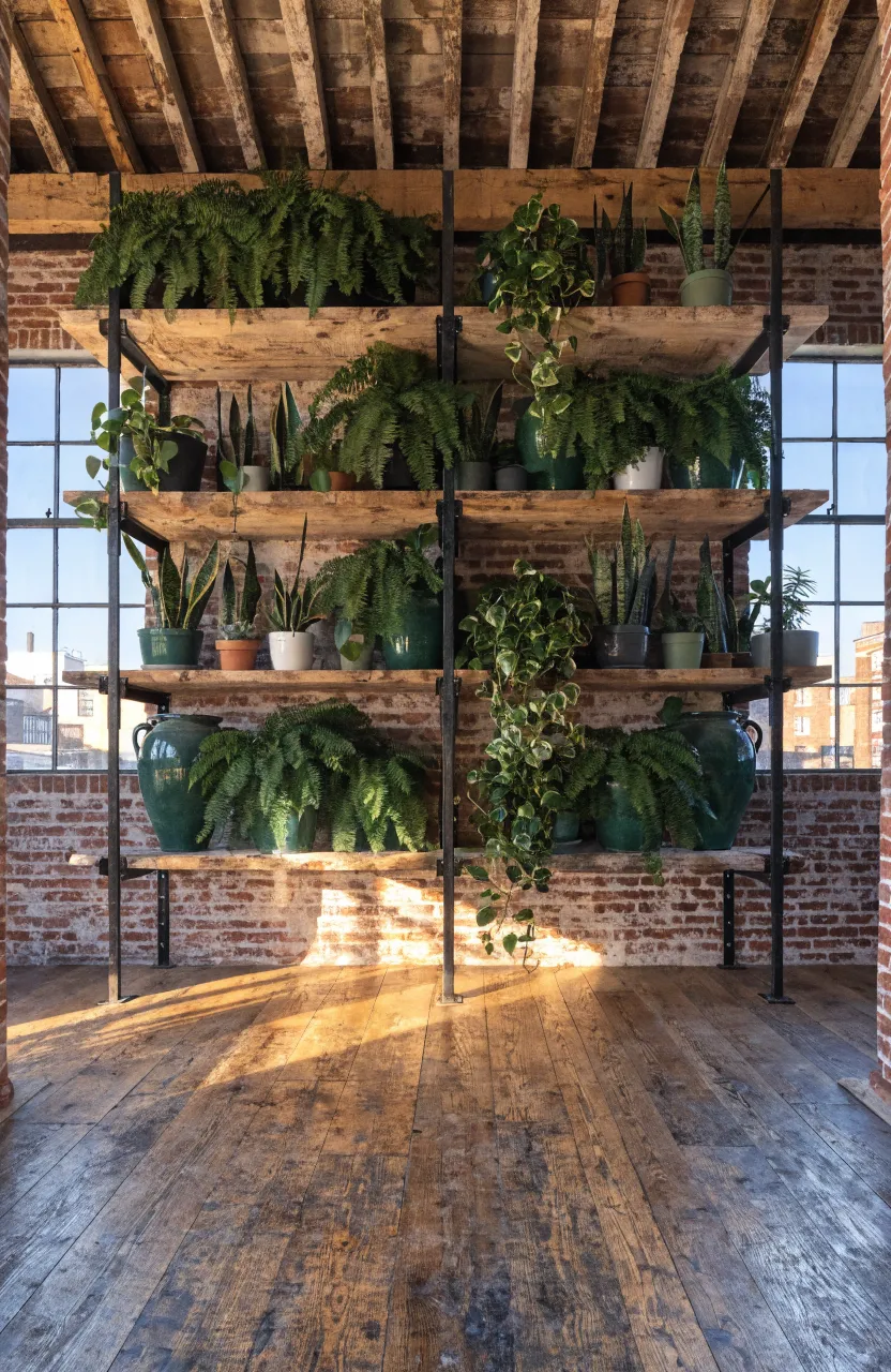 Large industrial living room featuring thick wooden scaffolding shelves filled with lush green ferns against a brick wall.