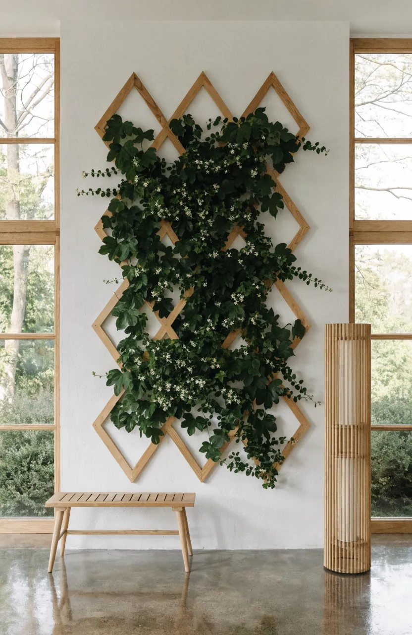 A white sunroom wall featuring a wooden diamond trellis covered in climbing green jasmine vines.