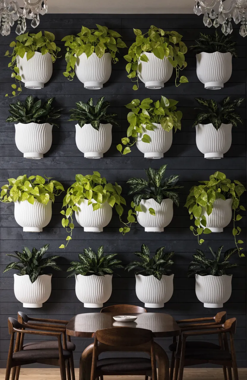 A charcoal gray shiplap wall decorated with a grid of white planters containing vibrant green indoor plants.