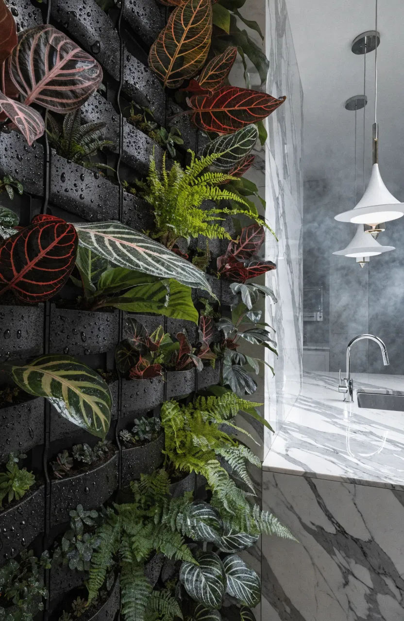 A professional modular vertical garden with dense tropical foliage installed in a luxury modern kitchen.