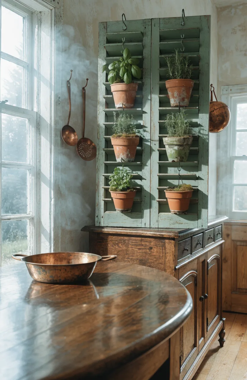 A vintage sage green shutter mounted on a kitchen wall holding small terracotta pots of fresh herbs.