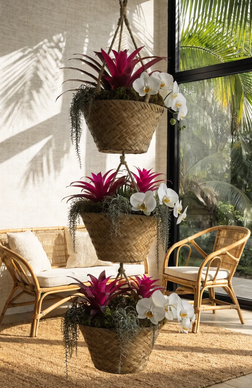 Tiered bamboo baskets filled with tropical orchids and bromeliads hanging in a sunlit room corner.