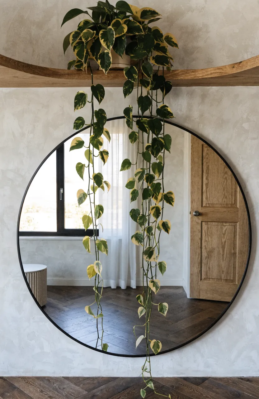 A large round mirror on a white wall with green Pothos vines draped over the frame.