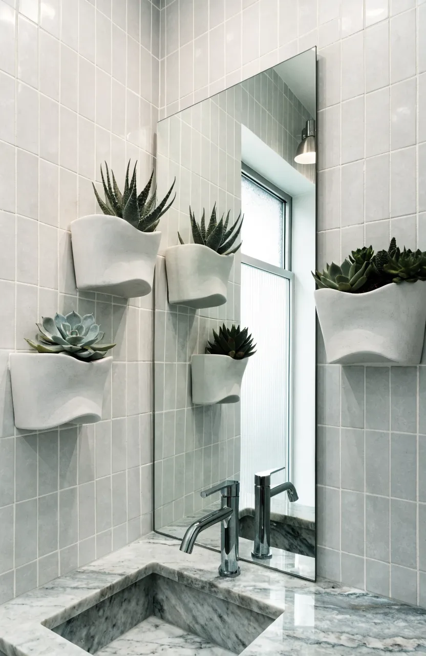 White ceramic wall planters with succulents arranged around a modern bathroom vanity mirror.