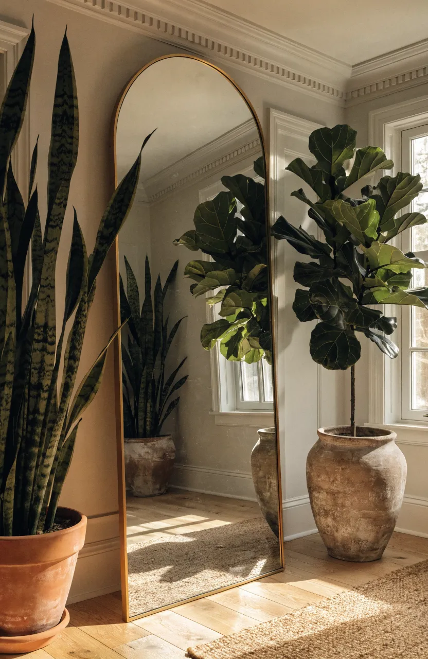 A tall arched floor mirror flanked by a large Fiddle Leaf Fig and a Snake Plant in a bedroom.