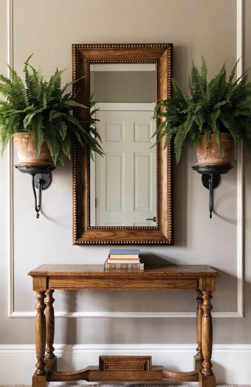 A rectangular wood-framed mirror flanked by two matching wall-mounted Boston ferns in an entryway.