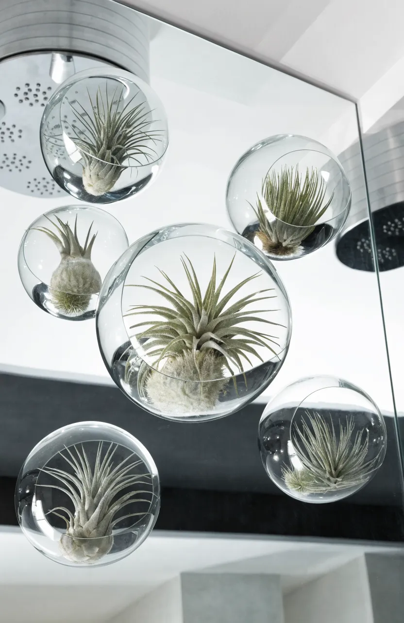 Small glass globes containing air plants attached directly to a large wall mirror via suction cups.