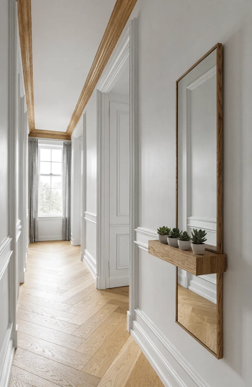 A slim oak-framed mirror in a hallway with a floating wooden shelf above it holding small succulents.