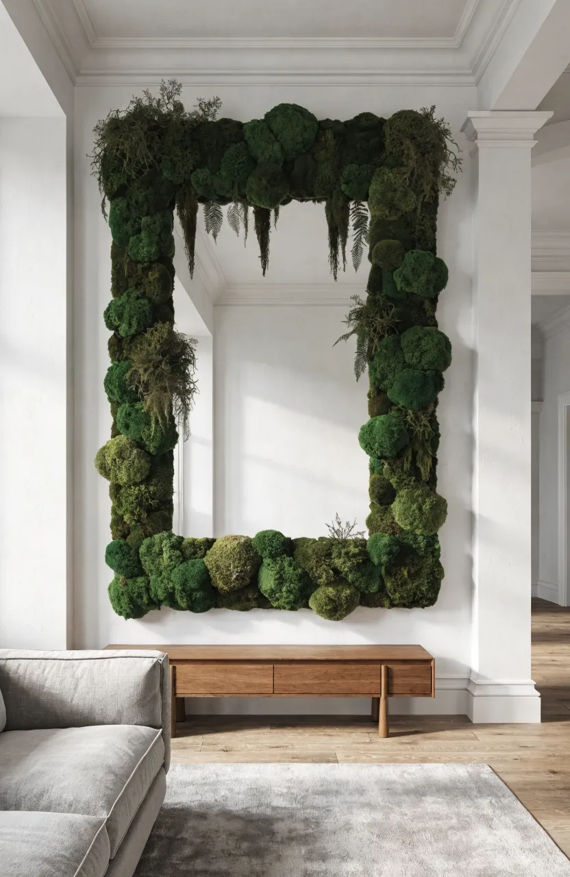 A large wall mirror with a thick, textured green moss frame in a bright minimalist living room.