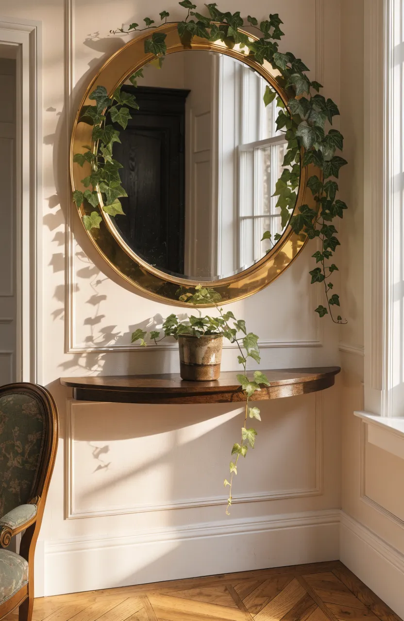 Green ivy vines growing around a circular gold brass mirror on a cream-colored wall.