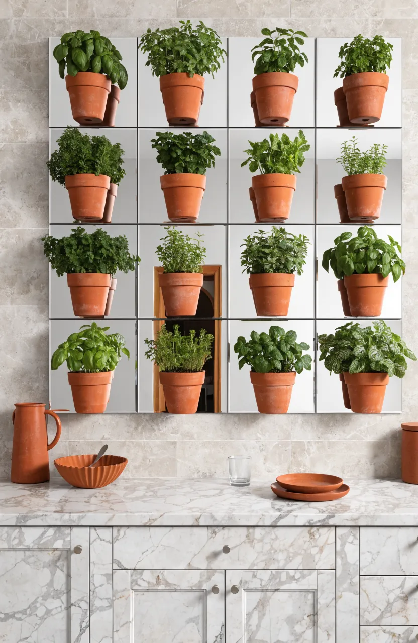 A wall grid of square mirrors mixed with small terracotta pots of fresh green herbs in a kitchen.