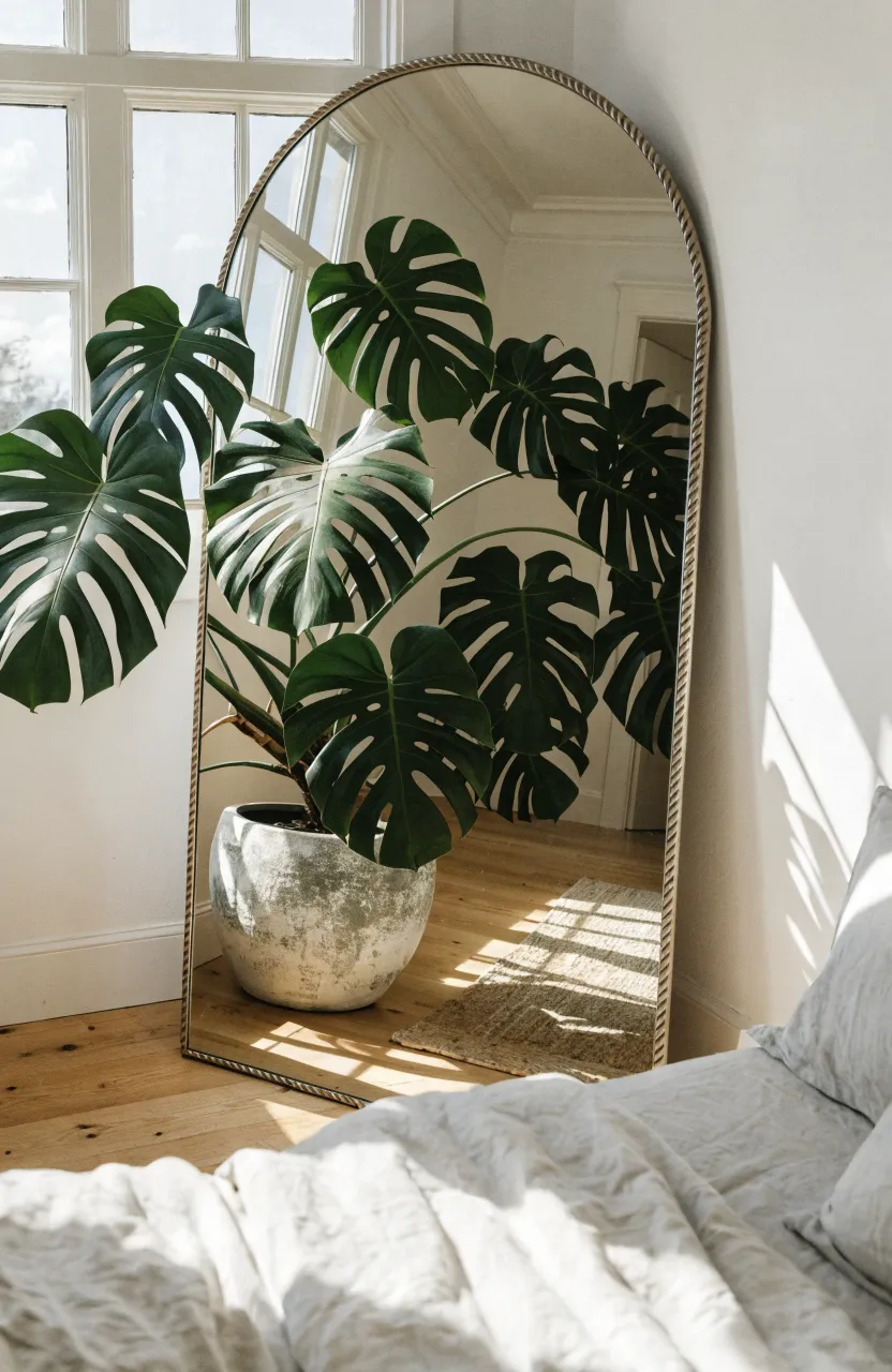 A tall floor mirror reflecting a large green Monstera plant in a bright, sunlit bedroom.