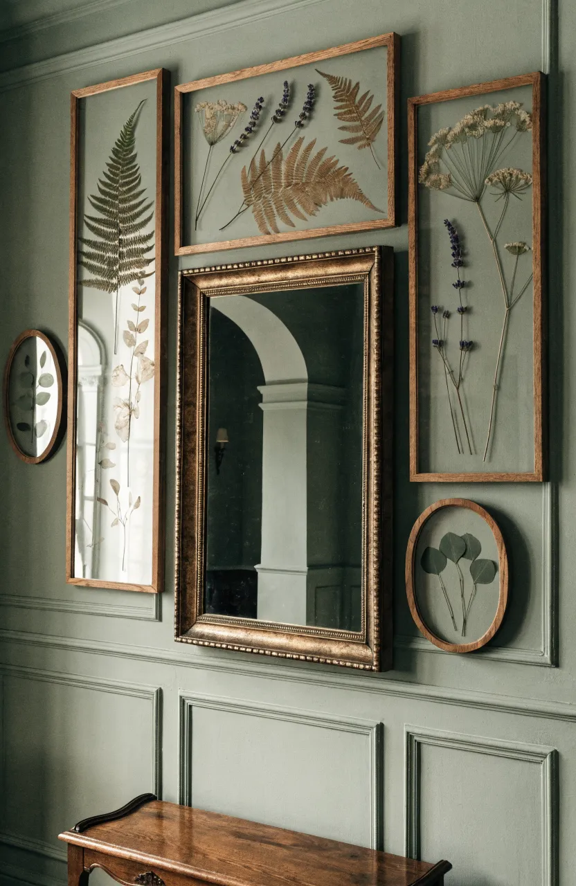 A gallery wall with a central mirror and framed pressed botanical leaves and flowers.