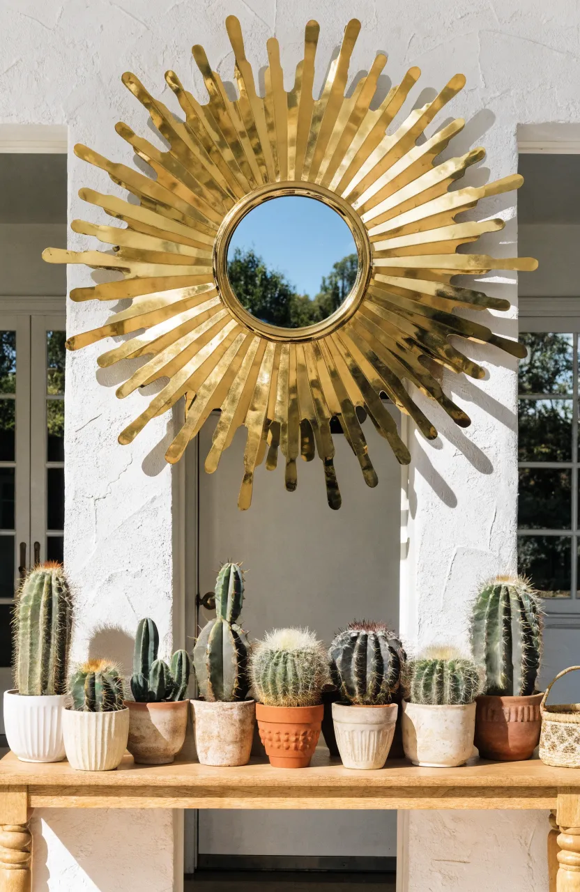 A gold sunburst mirror on a wall above a row of small green cacti in ceramic pots.
