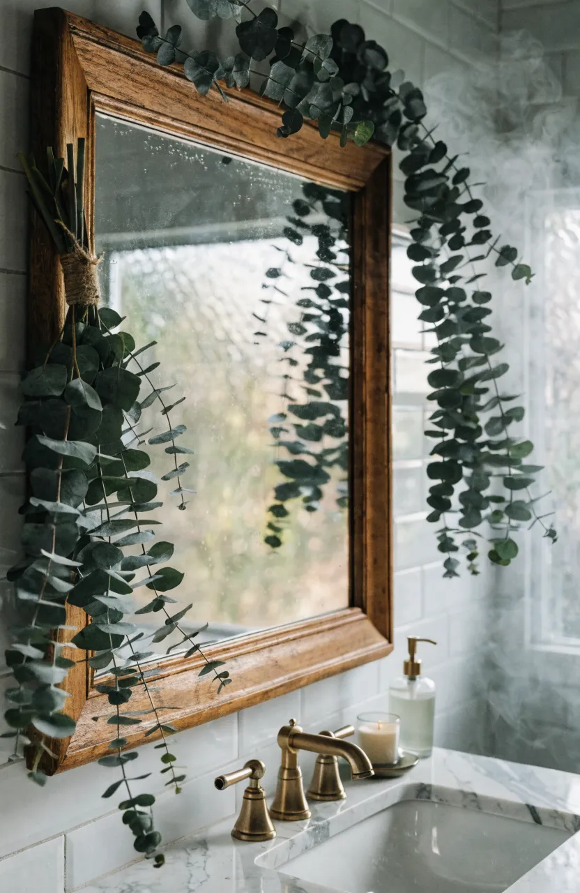 Fresh eucalyptus branches tied with twine to the corner of a wooden bathroom mirror.