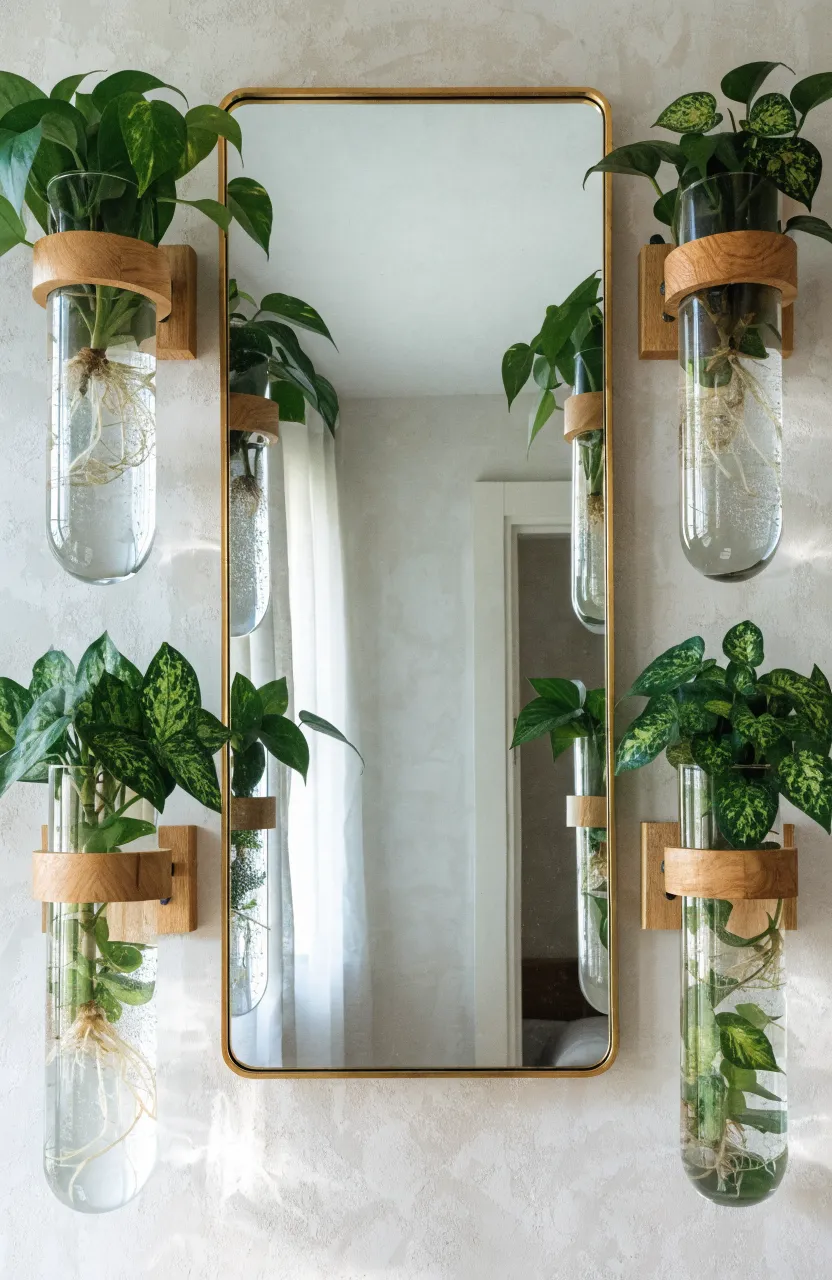 Glass propagation tubes with green plant cuttings hanging next to a large gold-framed vanity mirror.