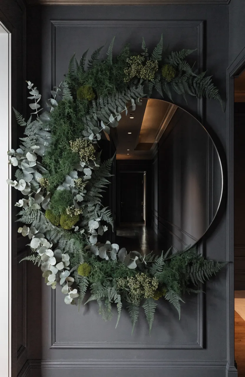 A round wall mirror decorated with a crescent of preserved green ferns and eucalyptus leaves.