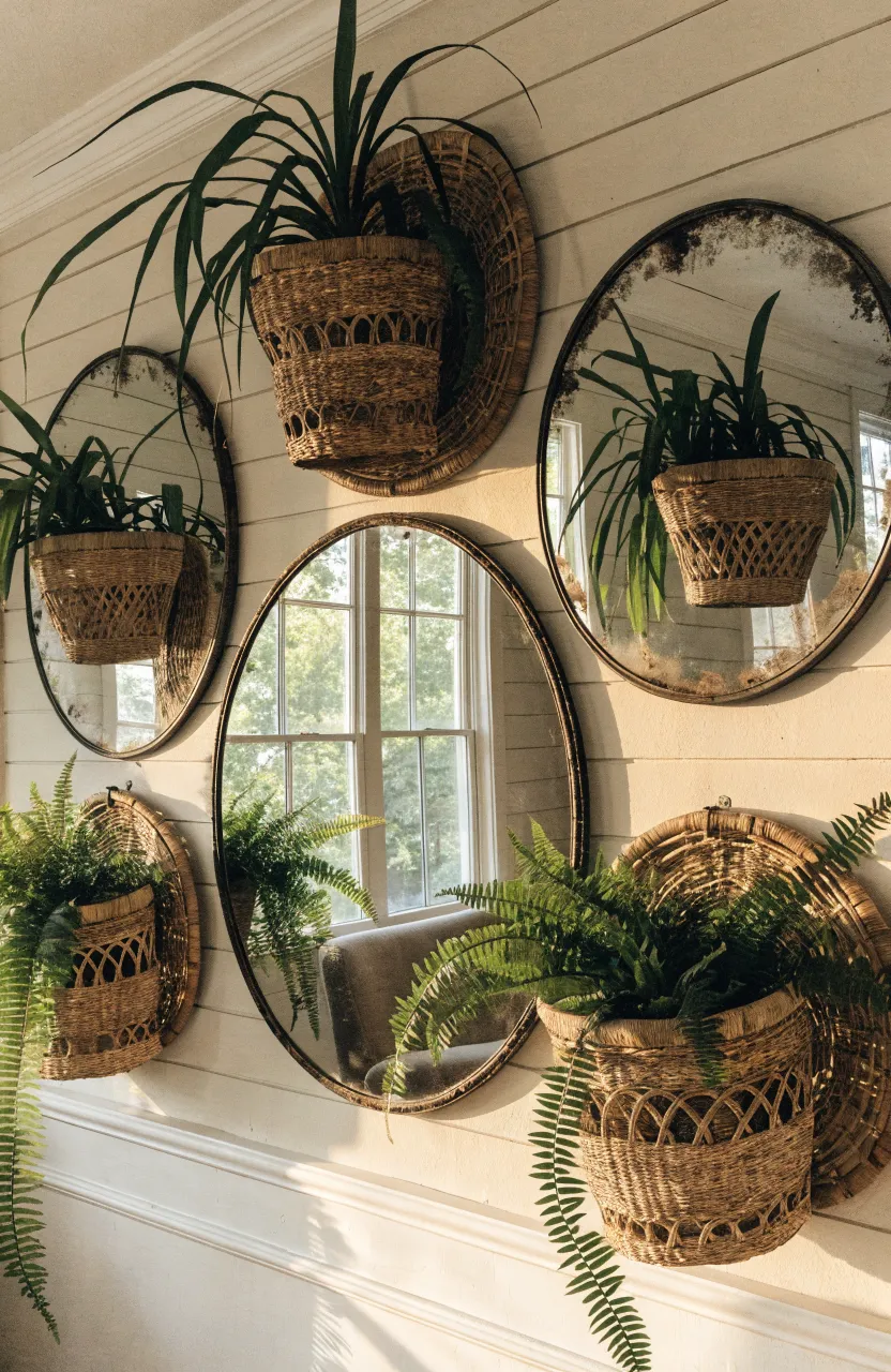 Vintage mirrors with distressed glass grouped with woven baskets holding lush green spider plants.