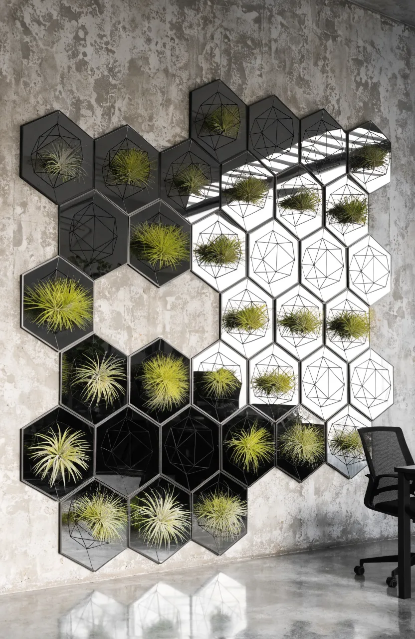 A honeycomb pattern of hexagonal mirrors on a grey wall with spiky air plants in black wire holders.