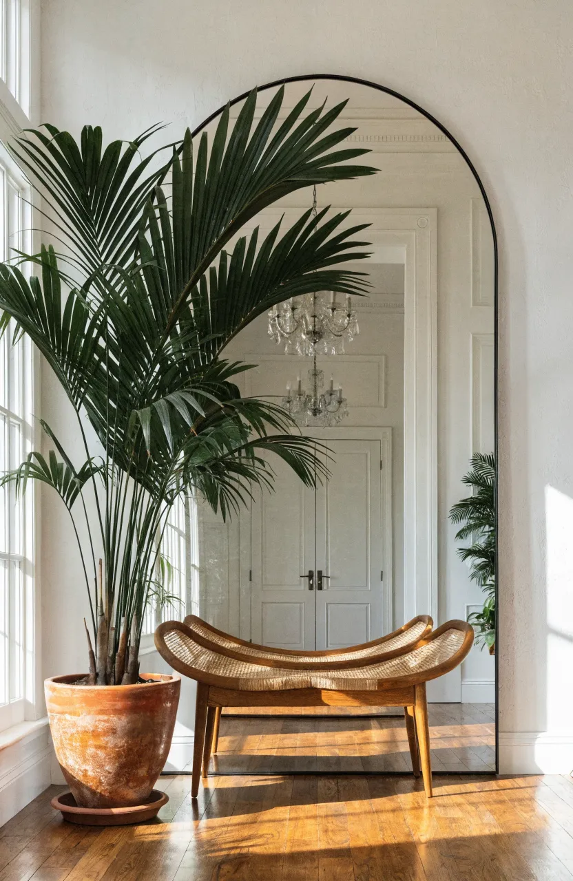 A tall arched mirror behind a wooden bench with a large tropical palm plant reflecting in the glass.