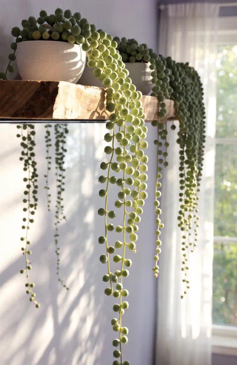 A wooden wall shelf holding a mirror with delicate String of Pearls plants draping over the glass.