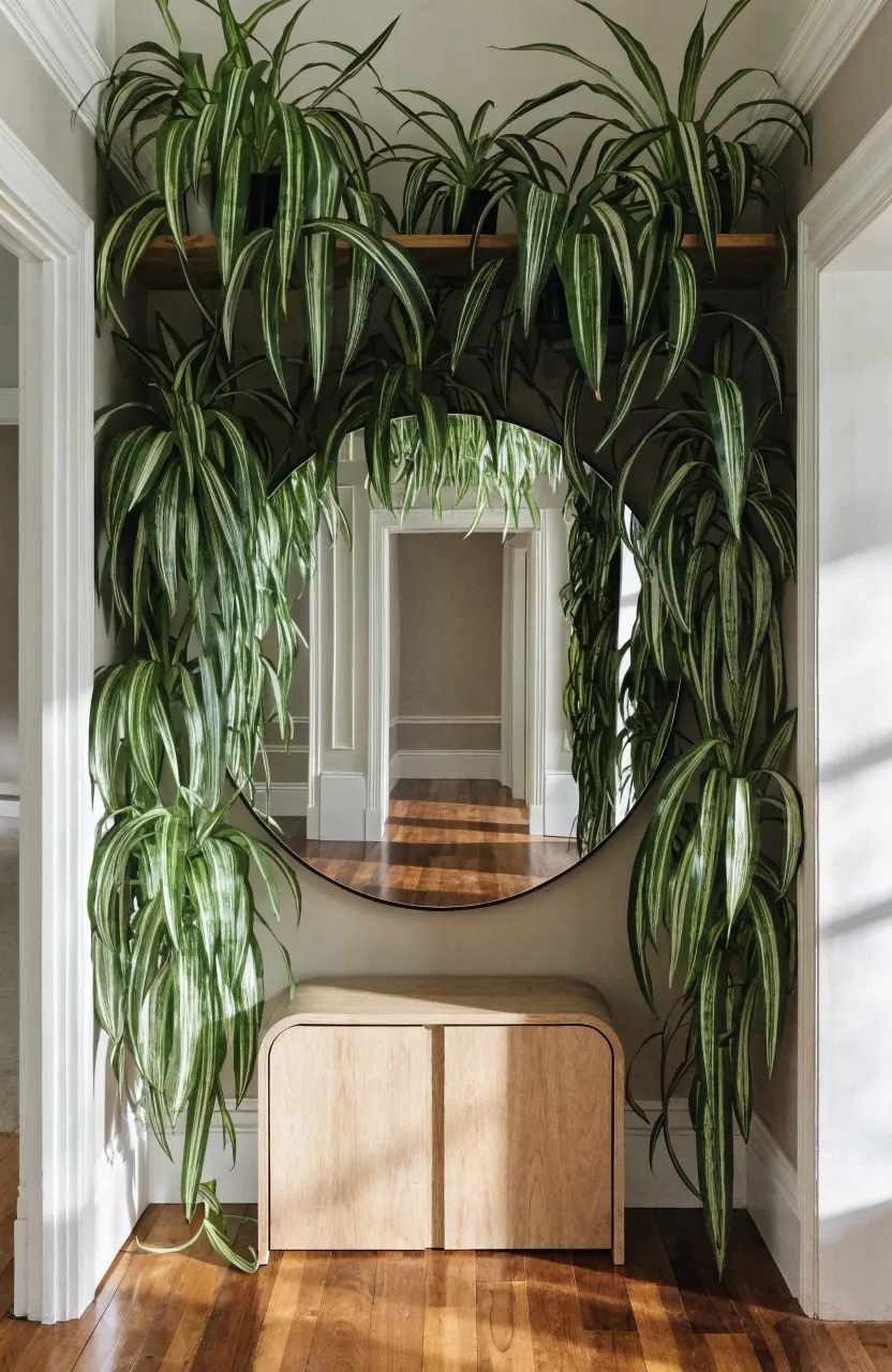 A round wall mirror framed by the long, striped leaves of cascading spider plants in a bright hallway.