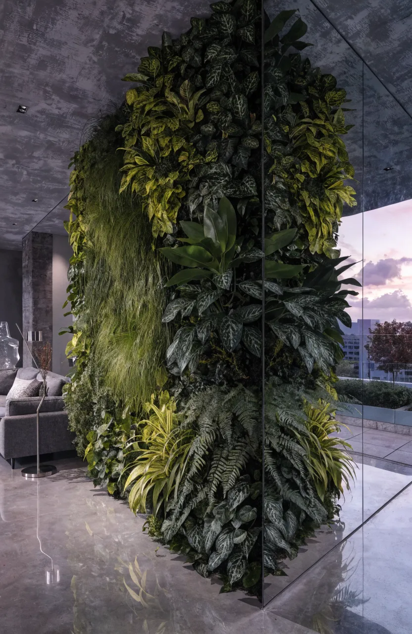 A lush green vertical garden wall positioned next to a large minimalist mirror in a modern living room.