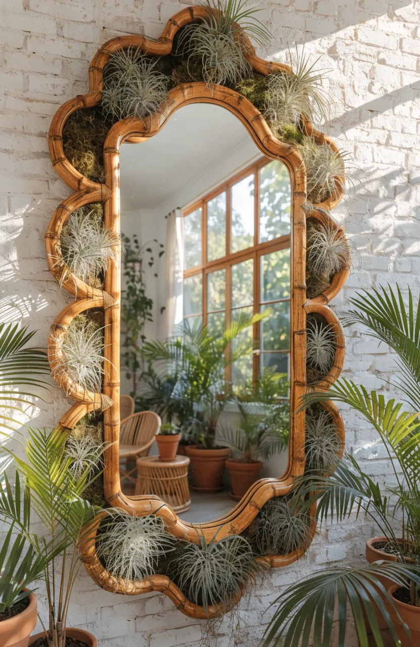 A bamboo-framed mirror decorated with small air plants hanging on a white-washed brick wall.