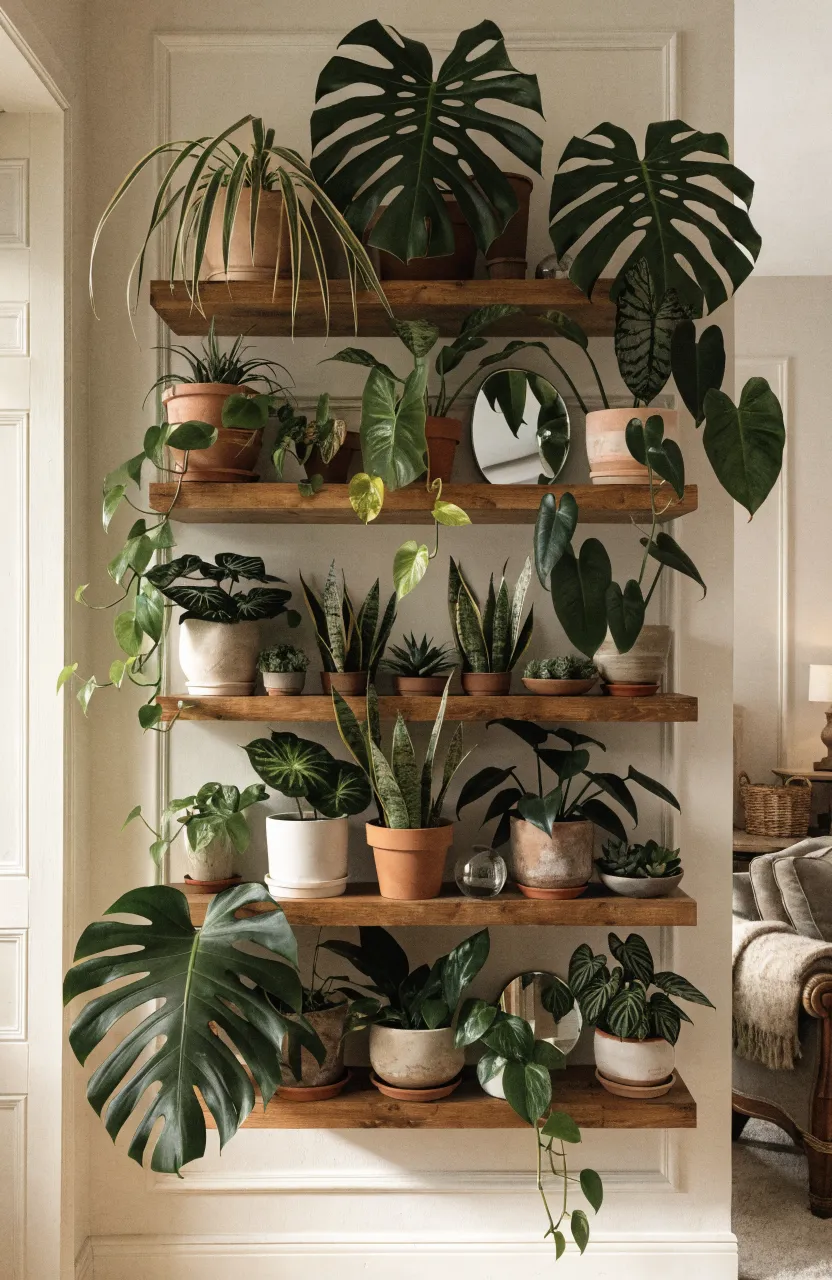 Wooden tiered shelves holding a mix of mirrors and various indoor plants in a cozy living room.