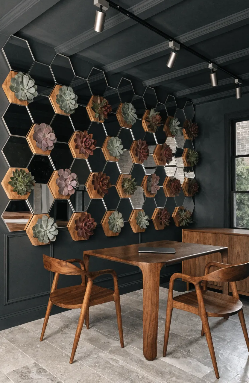A modern wall featuring a honeycomb pattern of hexagon mirrors and wooden succulent planters.