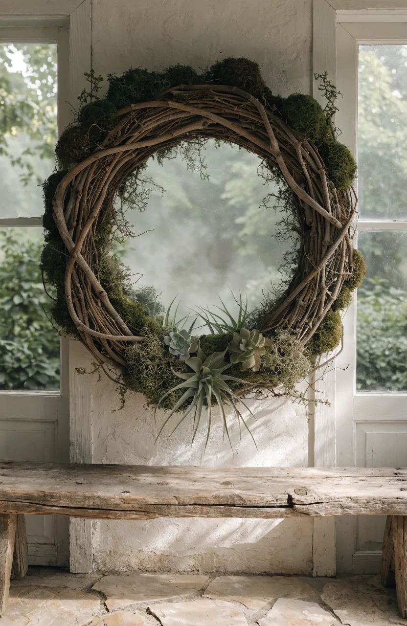 A round mirror framed by a rustic grapevine wreath with green moss and air plants on a cottage wall.