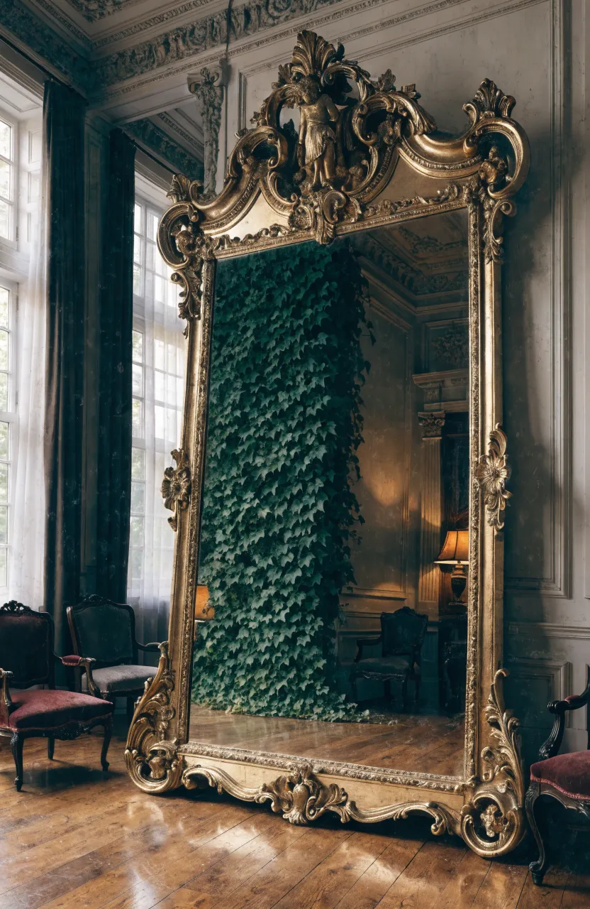 An ornate gold vintage mirror reflecting a beautiful wall of cascading green ivy in a formal room.