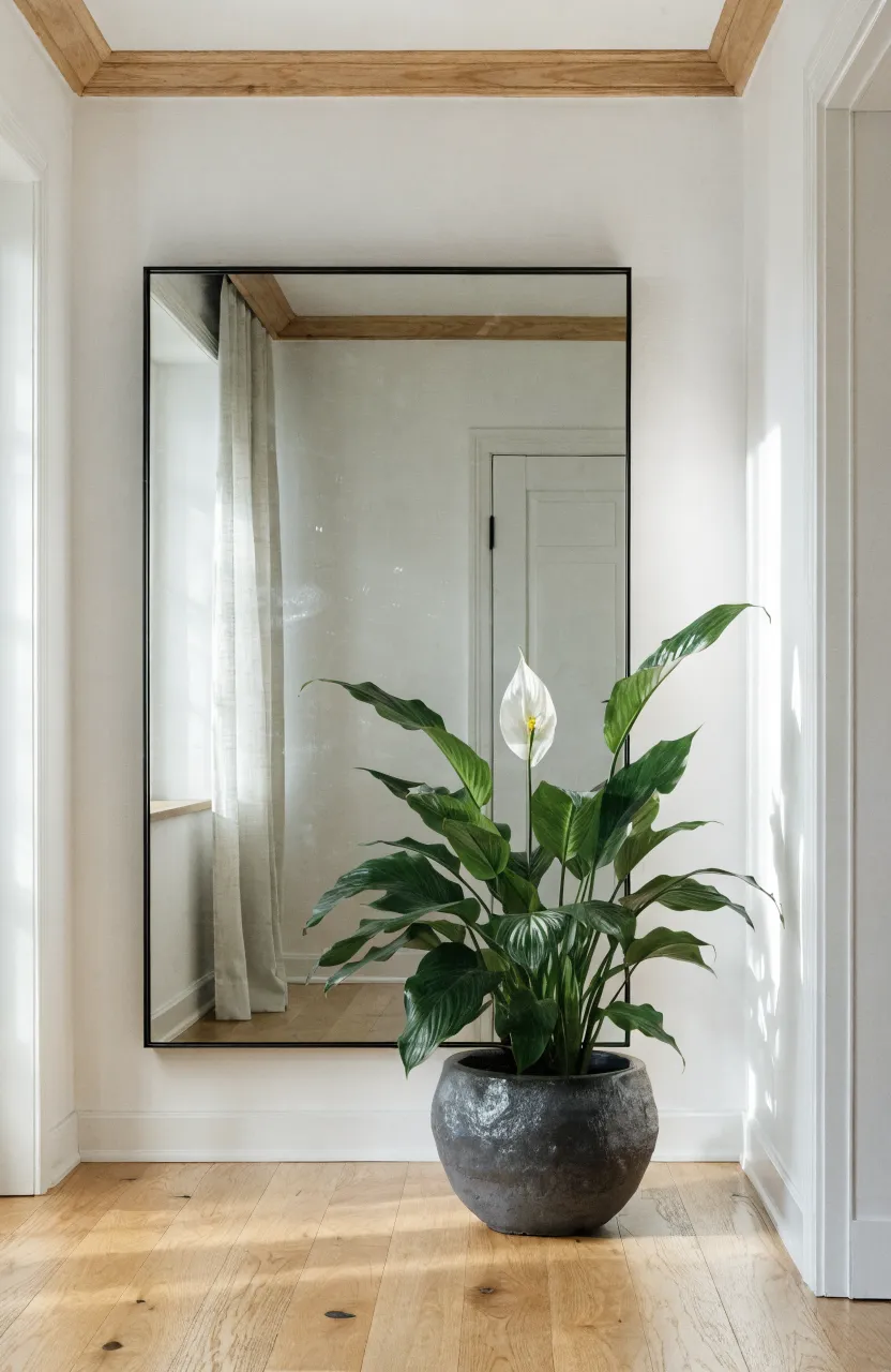 A minimalist black-framed wall mirror paired with a large potted Peace Lily in a bright, modern room.