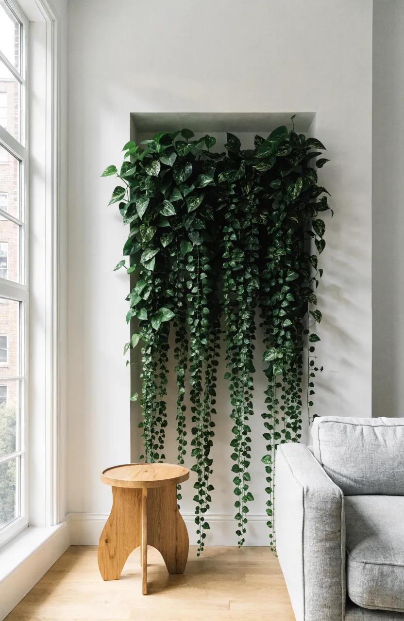 A modern white wall with a recessed niche filled with cascading green pothos vines in a bright living room.