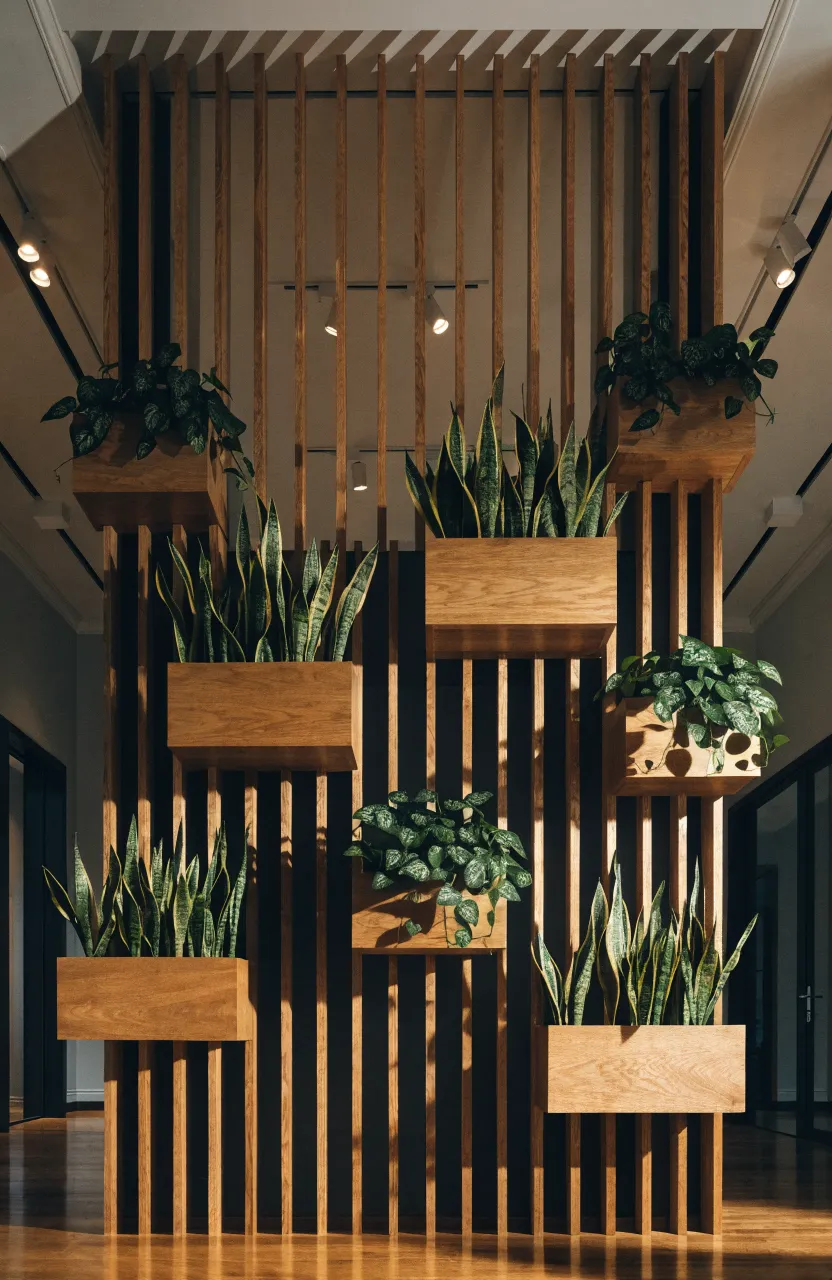 Floor-to-ceiling oak slats with built-in planter boxes holding snake plants and philodendrons.