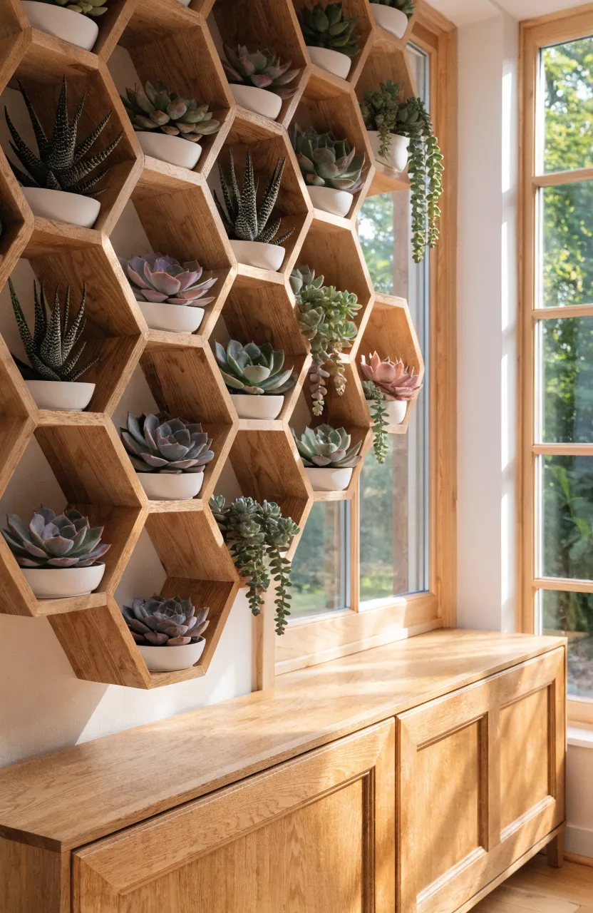 Hexagonal wooden shelves arranged in a honeycomb pattern on a wall, filled with various colorful succulents.