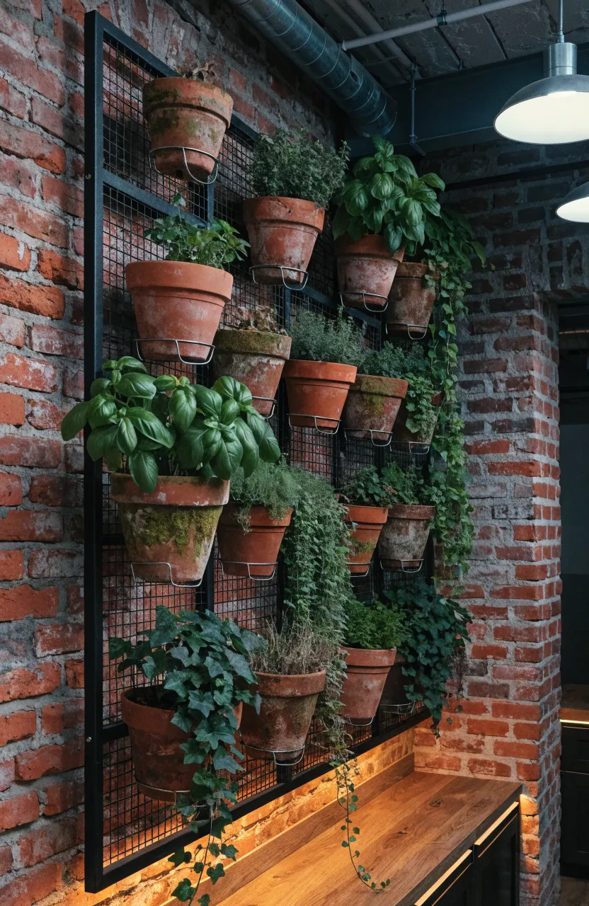 A black metal grid mounted on an exposed brick wall with terra cotta pots hanging from S-hooks.