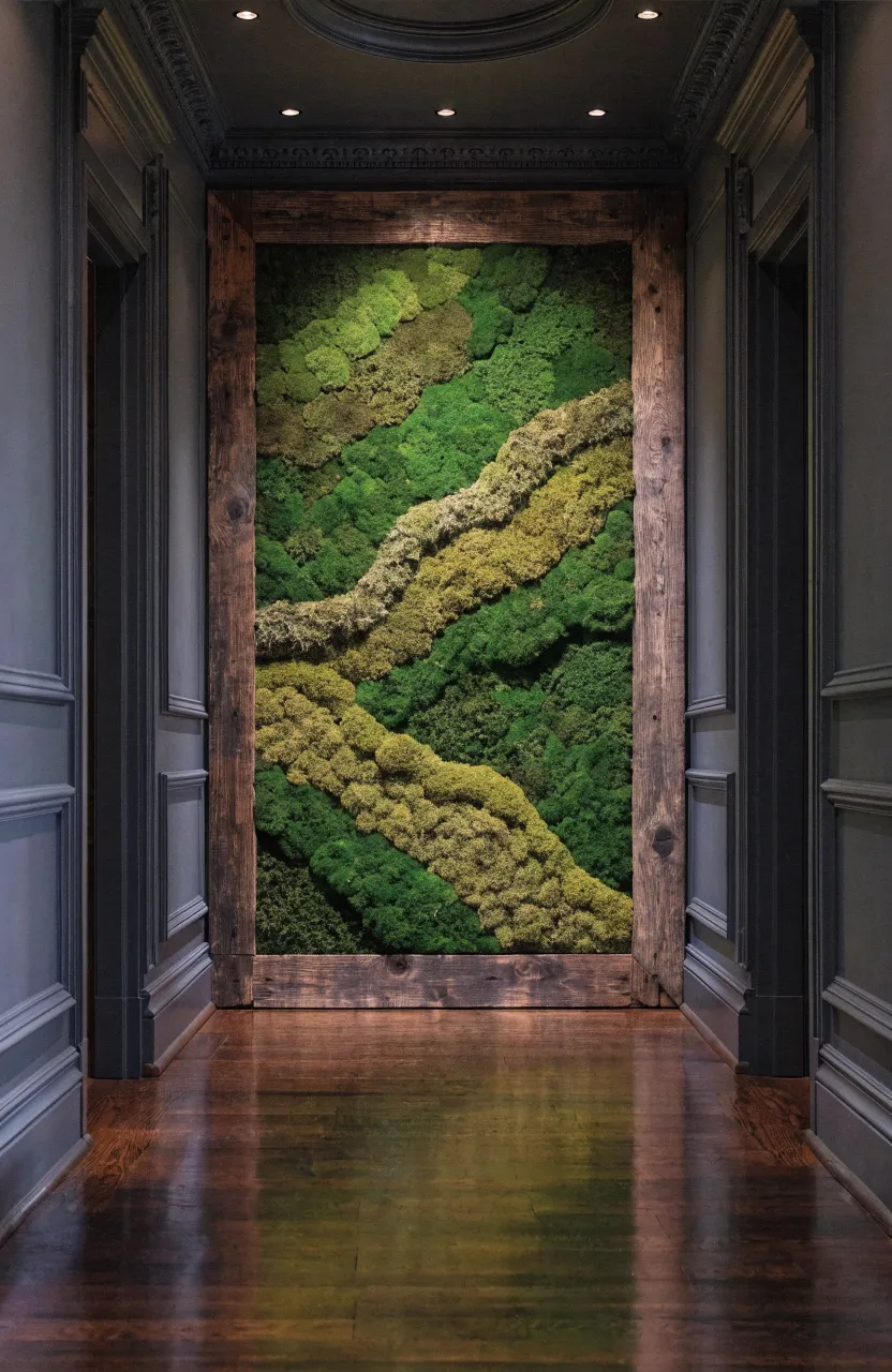 A large framed panel of vibrant green preserved moss hanging on a dark, elegant hallway wall.